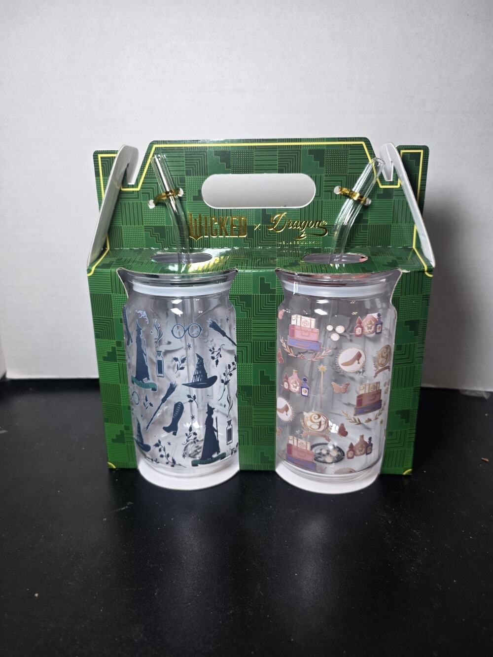 WICKED x Dragon Set of 2 Drinking Glasses Tumblers Straw GLINDA & Elphaba Icons